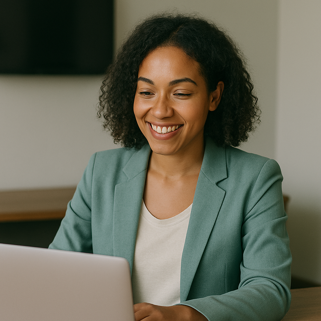 Portrait d'une femme souriant devant son ordinateur